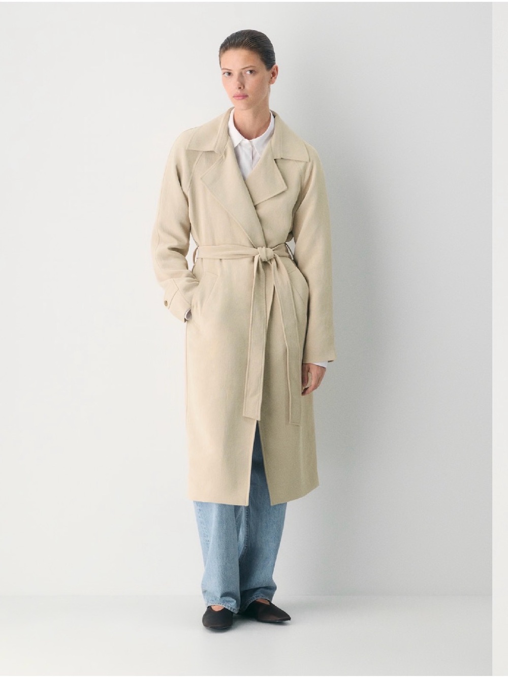 Aritzia Cream Long Belted Trench Coat